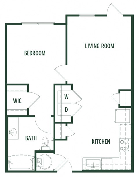 Floor plan for 1 bed, 1 bath, 685 sqft